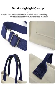 Détails de coutures renforcées, boucle métallique et poignées du sac en toile