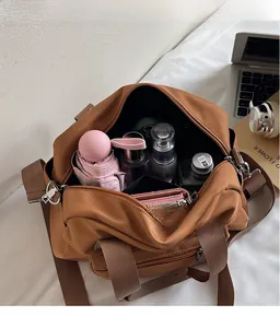 Brown nylon tote bag interior view showing large capacity and multiple side pockets