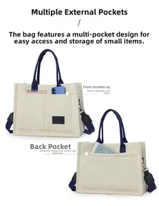 Vue détaillée des poches de rangement avant et arrière sur le sac cabas en toile beige