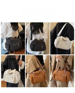 Multi-pocket nylon crossbody bag shown in black, cream and brown on models