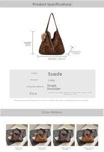 Detailed size chart and specifications for the leopard print suede tote bag showing dimensions