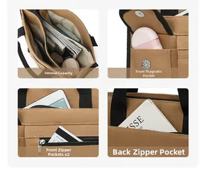 Detailed grid view of khaki canvas tote showing multiple pockets and spacious interior