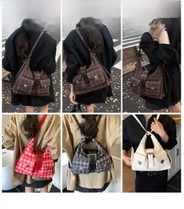 Detailed model display of plaid canvas tote bags with double pockets in four color options