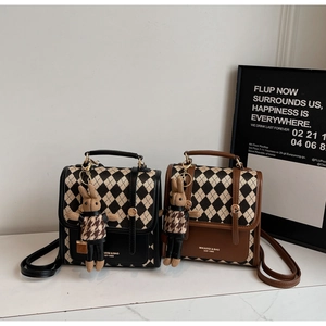 Retro diamond lattice square shoulder bags in black and brown with cute rabbit charms