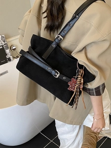 Retro black suede tote bag with leather strap and leopard heart tassel charm