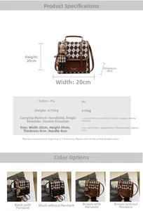 Detailed size specifications for the checkered PU leather backpack with carrying dimensions