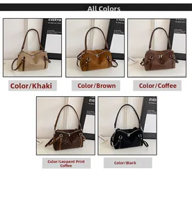 Multiple views of suede shoulder bags in khaki, brown, coffee, leopard, and black