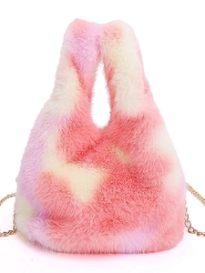Winter plush bucket bag with pink yellow tie-dye faux fur and gold chain strap