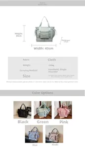 Detailed size chart and dimensions of the large capacity waterproof travel tote bag