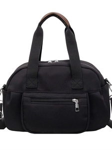 Versatile black nylon multi-pocket handbag with brown leather handles and shoulder strap