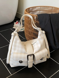 Vintage cream plaid tote bag with multi-pocket design and large buckle for daily commute