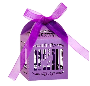 Purple laser cut birdcage wedding favor box with hollow bird pattern and silk ribbon