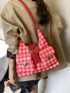 Vintage red plaid canvas tote bag with multi-pocket design and silver twist locks
