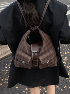 Vintage brown plaid multi-pocket tote bag with silver twist locks and top handles