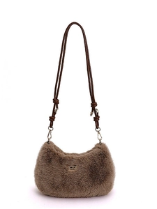 Sac à épaule en fausse fourrure marron avec bandoulière cuir et détails dorés