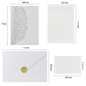 Detailed size guide for white laser-cut hollow wedding invitations and stationery set