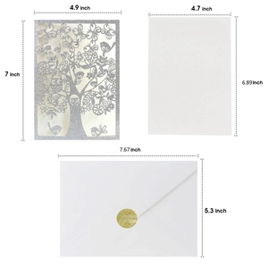 Laser cut silver glitter invitation card with bird and tree pattern including white envelope