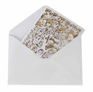 White laser cut invitation card with tree and owl design plus kraft paper insert