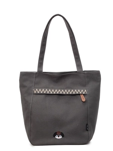 Minimalist dark grey canvas tote bag with front pocket and cute puppy embroidery detail