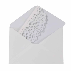 Macro detail of laser-cut wedding invitation featuring intricate hollow patterns and white paper