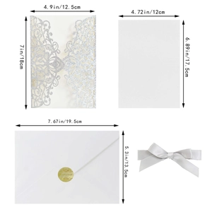 Detailed view of laser cut glitter invitation with dimensions and satin ribbon detail