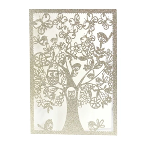 Laser cut champagne gold glitter greeting card with hollow tree and bird design