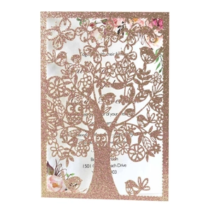 Laser cut rose gold glitter tree and birds invitation card with floral insert