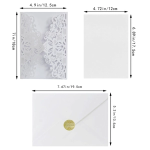 Detailed dimensions of laser-cut invitation set with outer shell and envelopes