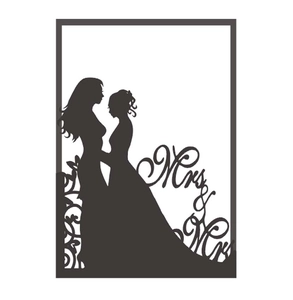 Détail de la silhouette de mariage Mrs & Mrs découpée au laser montrant deux mariées élégantes