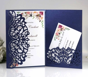 Detail of laser-cut floral wedding invitation set with navy blue pearlescent cardstock