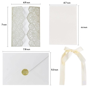 Golden glitter wedding invitation set with laser-cut lace pocket and silk bow decoration