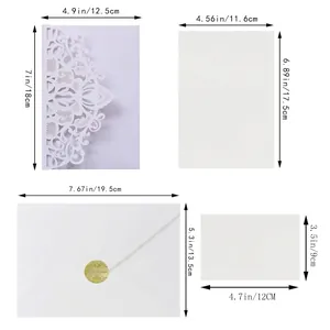 Size guide for laser-cut silver wedding invitation set with detailed dimensions