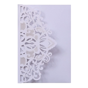 Detailed laser-cut lavender wedding invitation card featuring intricate floral scrollwork