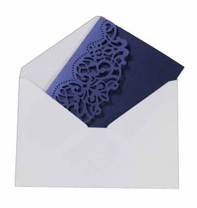 Detail of laser-cut navy lace invitation card with a white square envelope