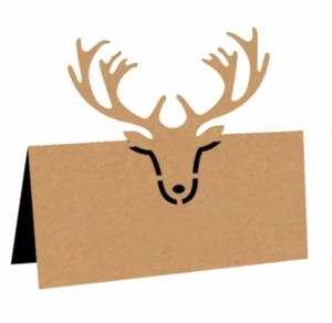 Laser-cut reindeer design on kraft paper place card standing at a 45-degree angle