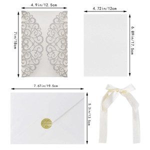 Detail view of silver glitter laser cut invitation dimensions with envelope and seal