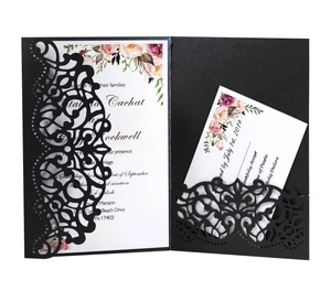 Detail of laser-cut hollow black wedding invitation with pink floral inner card