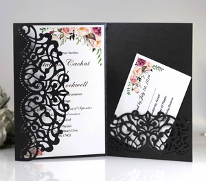 Macro detail of laser-cut black wedding invitation with elegant floral pocket pattern