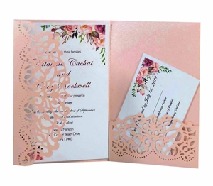 Laser cut pink pearl paper wedding invitation set with floral insert and RSVP card