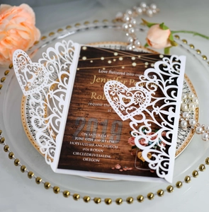 European laser-cut lace wedding invitation with a rustic wood grain inner card design