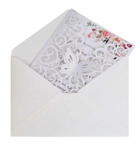 Detailed laser-cut butterfly invitation set with floral inner card and white envelope
