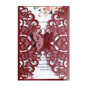 Deep red laser-cut wedding invitation with 3D butterfly design and floral inner card