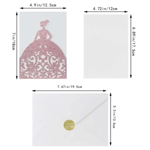 Pink glitter laser cut princess wedding invitation cards with size dimensions shown
