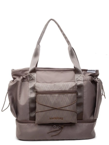 Brown large capacity travel tote bag with quilted front pocket and wet dry compartment