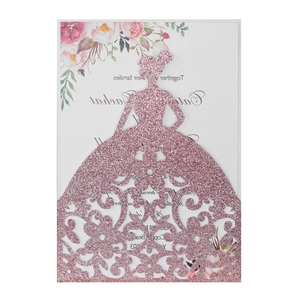 Pink glitter laser-cut wedding invitation featuring elegant dress silhouette and floral insert