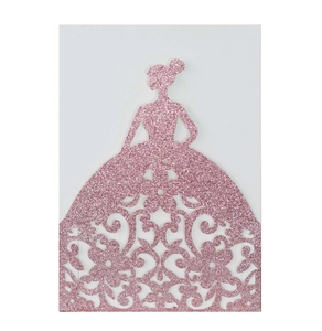Detailed laser-cut pink glitter wedding invitation in elegant princess dress silhouette
