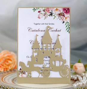 Golden castle horse carriage laser cut wedding invitation with pink floral inner card