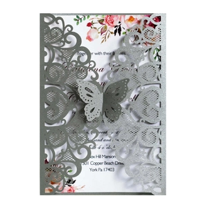 Elegant laser-cut hollow wedding invitation with glitter silver shell and 3D butterfly design