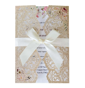 Laser Cut Wedding Invitations Glitter Hollow Pocket Pearlescent Floral Inner Card With Bow Ribbon Envelope For Party Engagement Celebration