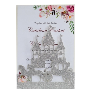 Detailed laser-cut silver glitter castle and horse carriage wedding invitation card